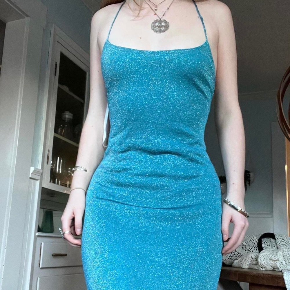 blue glitter bodycon prom dress